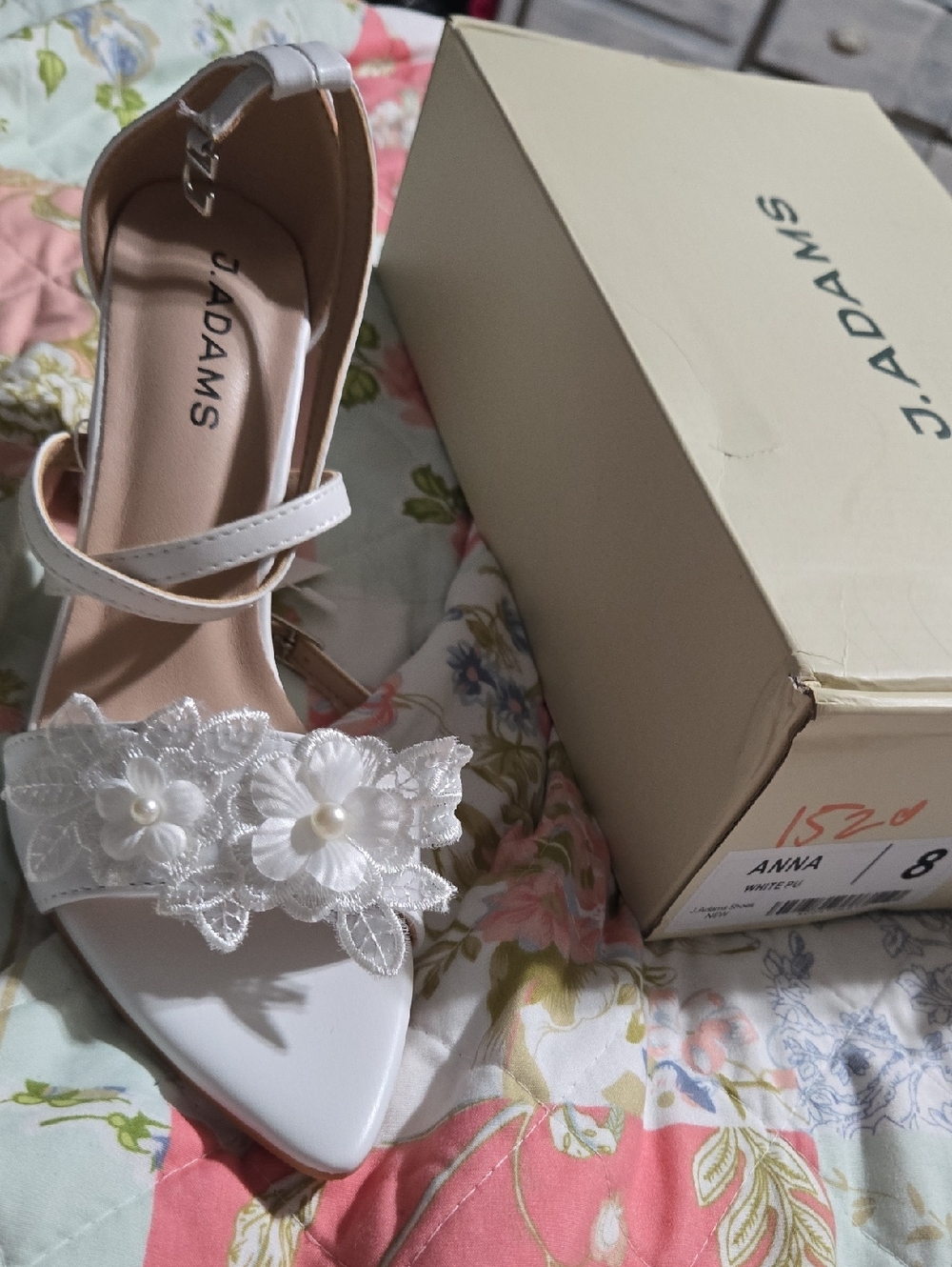 J. Adams White Floral Pearl Ankle-Strap Heels